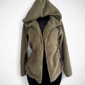 Women’s XXL Olive Sherpa Zip-Up Hoodie Jacket Oversized Hooded Fleece Outerwear